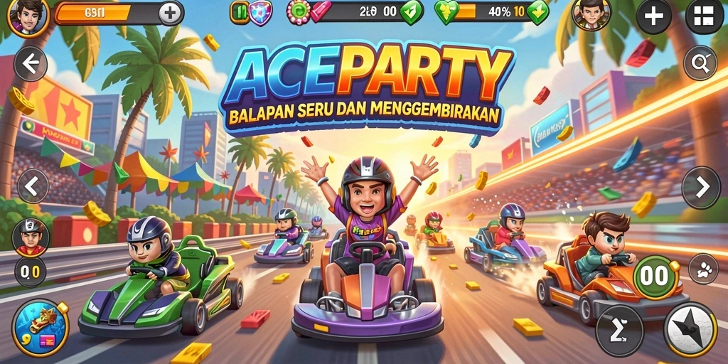 Screenshot utama ACEPARTY menampilkan mobil balap yang melaju kencang di lintasan.