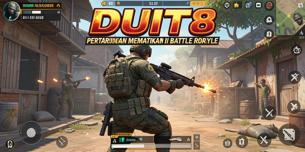 Screenshot gameplay <strong>DUIT8</strong> menampilkan aksi pertempuran menarik dalam mode <strong>Battle Royale</strong>.